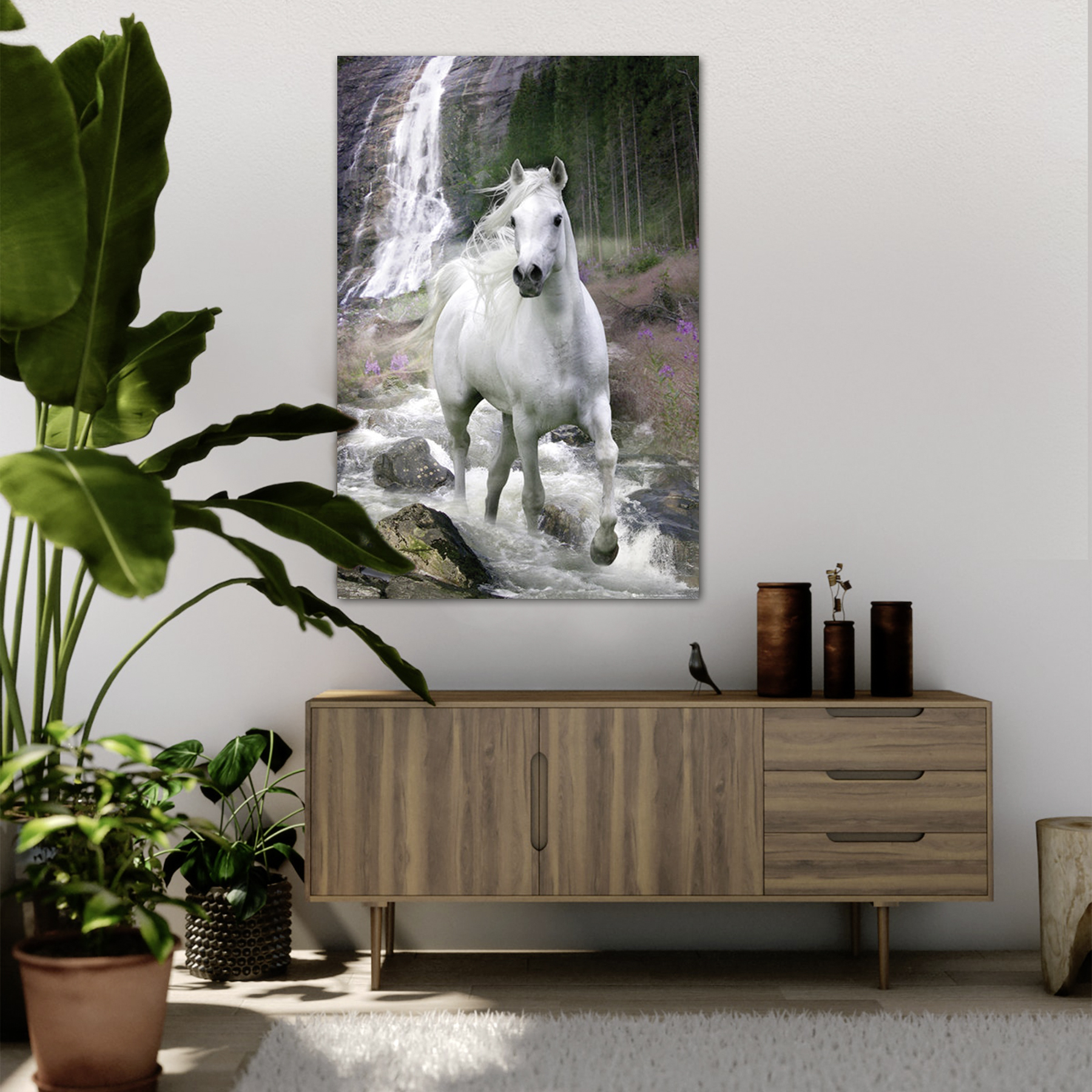 Wasserfall Pferde Poster Schimmel Premium Plakat Hochformat 61 x 91,5 cm 